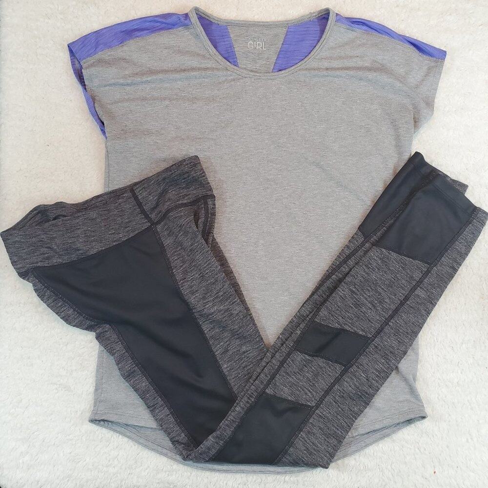 Athleta Girl Purple and Grey Short Sleeve Sprinter Tee and Leggings
